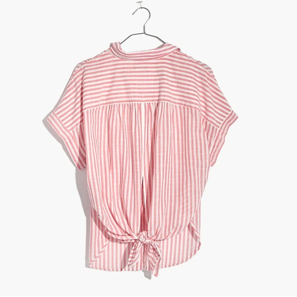Madewell Central Short-Sleeve Tie-Back Button-Down Shirt In Rose Stripe - Picture 6 of 14